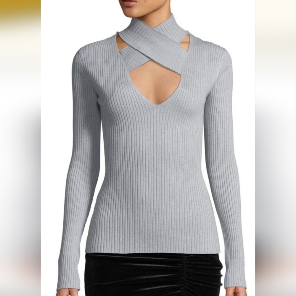 NWT Womens Bailey/44 Gray Ribbed Wool Blend Knit Mock Neck Keyhole Sweater L *